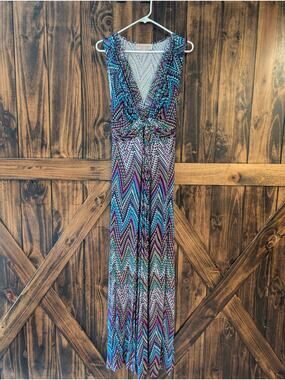 New Directions womens sz medium striped floral sleeveless v-neck maxi dress EUC
